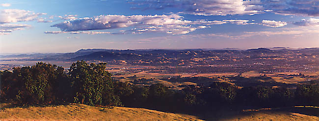 Panoramic view of Petaluma River and North San Francisco Bay from upper Lafferty Park meadow.  Photo by Scott Hess.