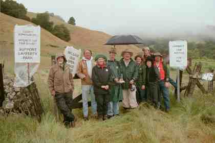 We drove -- pose in the rain in front of the Lafferty gate.